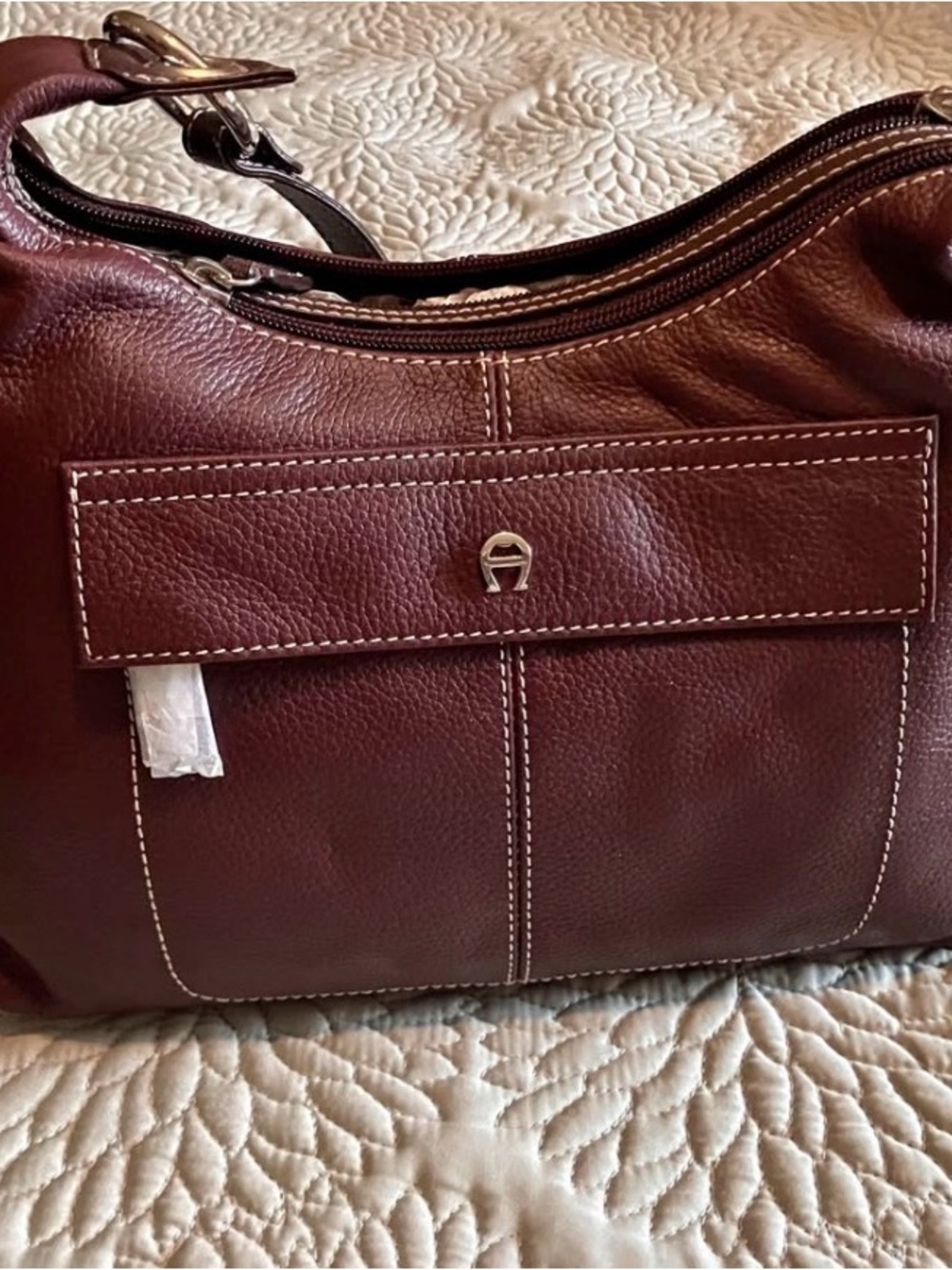 Etienne Aigner Burgundy Leather Shoulder Bag with White Stitching